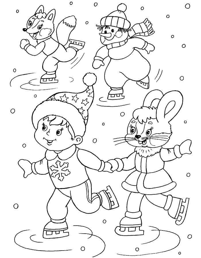 Название: Раскраска Дети катаются на коньках. Категория: снег. Теги: дети, коньки.