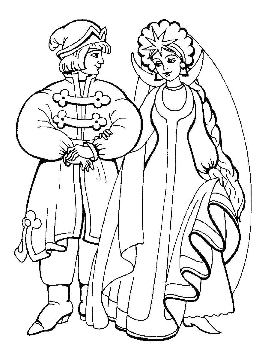 Coloring Ivan Tsarevich and the moon Queen. Category Fairy tales. Tags:  Ivan Tsarevich, the lunar Queen.