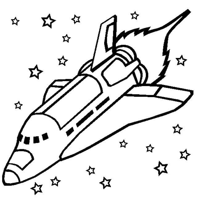 Название: Раскраска Космический корабль летит в космосе. Категория: Космические раскраски. Теги: Космос, ракета, звезды.