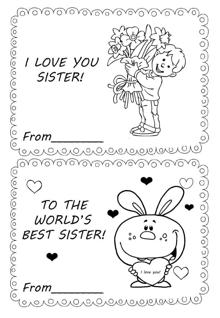 Coloring Greetings for sisters. Category greeting cards. Tags:  Congratulation, Birthday.