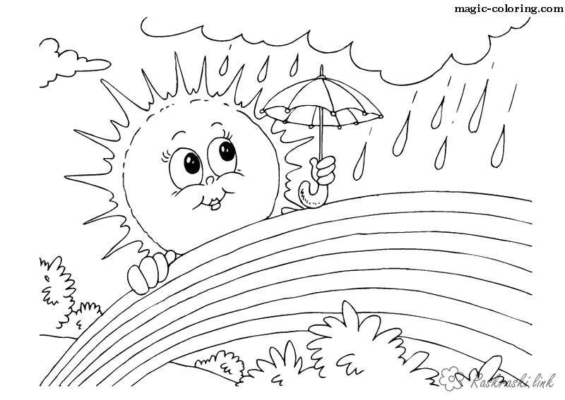 Название: Раскраска Солнышко прячется от дождика. Категория: малышам. Теги: Солнышко, радуга, дождик, зонтик.