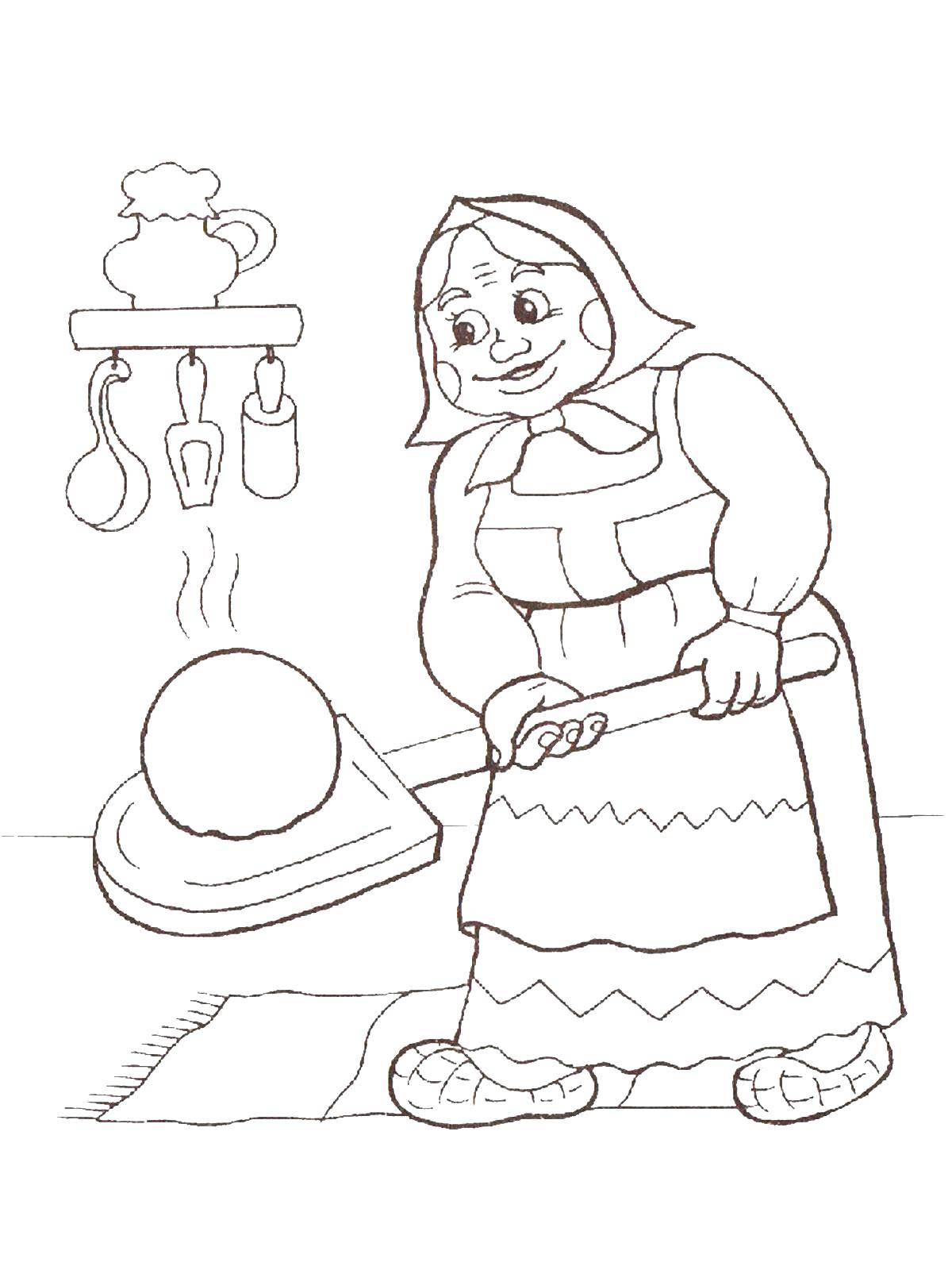 Coloring Grandma baked bun. Category Fairy tales. Tags:  Fairy Tales, Gingerbread Man.