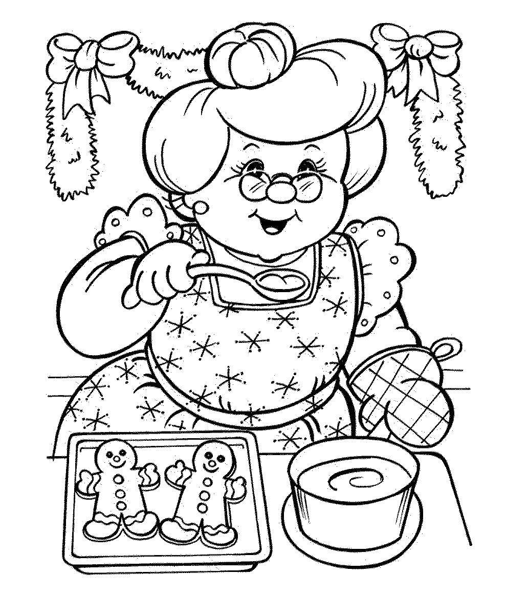 Coloring Grandma bakes gingerbread cookies. Category kitchen. Tags:  Kitchen, home, food.