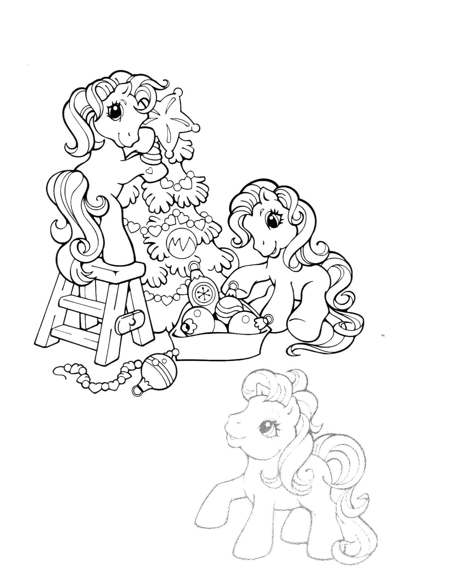 Coloring Pony decorating the Christmas tree. Category Ponies. Tags:  pony, unicorn.