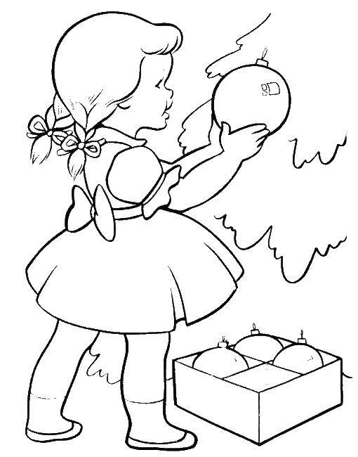 Название: Раскраска Девочка вешает новогоднюю игрушку на ёлочку. Категория: новый год. Теги: Новый Год, Новогодняя игрушка, ёлка.