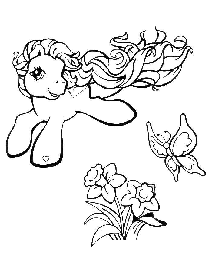 Название: Раскраска Пони из my little pony  с цветочками. Категория: мой маленький пони. Теги: Пони, "My little pony".