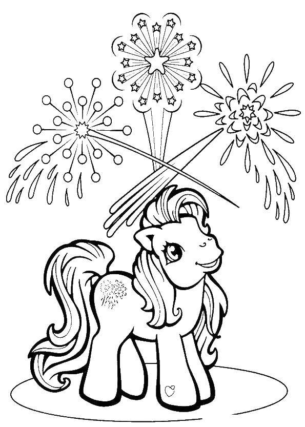 Название: Раскраска Пони смотрит на салюты. Категория: мой маленький пони. Теги: Пони, "My little pony".