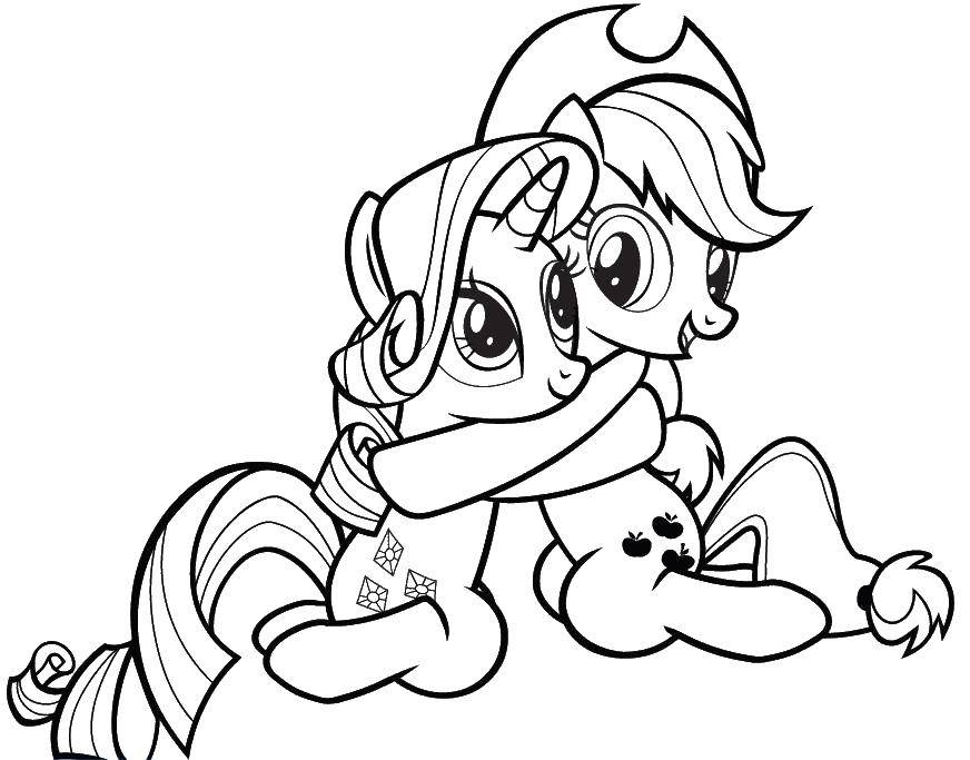 Coloring Apple Jack hugs rarity. Category my little pony. Tags:  that pony, Rarity, Apple.