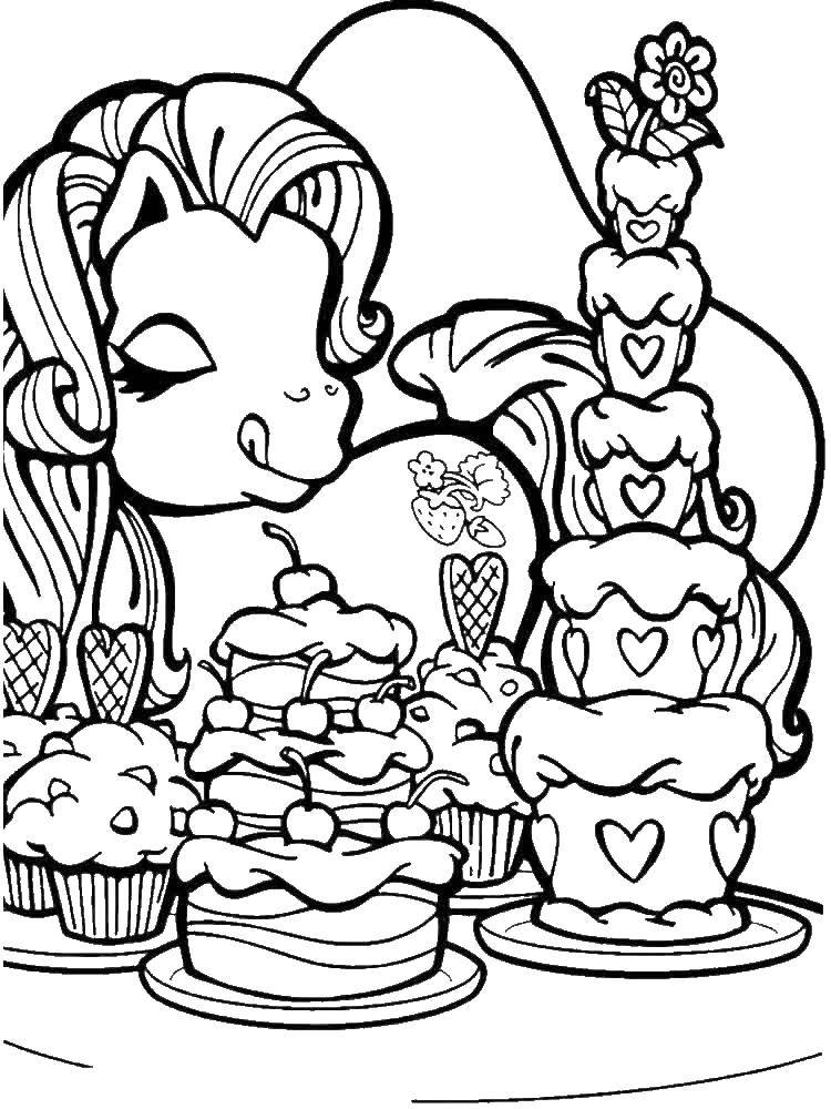 Название: Раскраска Пони любит тортики. Категория: Пони. Теги: Пони, "My little pony".