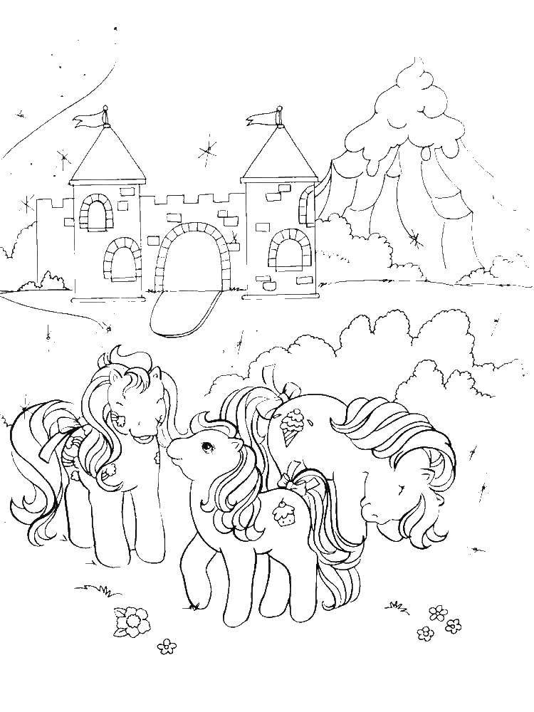 Название: Раскраска Пони на поляне у замка. Категория: Пони. Теги: Пони, "My little pony".
