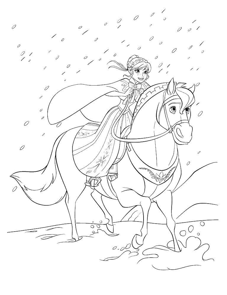 Название: Раскраска Анна верхом на коне. Категория: Диснеевские мультфильмы. Теги: Анна, Эльза.