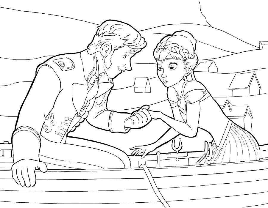 Coloring Hans and Anna on the boat. Category Disney cartoons. Tags:  Hans, Anna, Elsa.