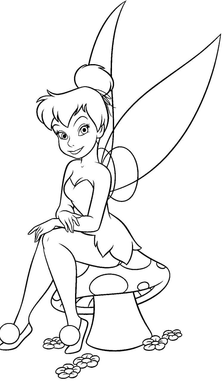 Coloring Tinker bell from the disney cartoon fairy sitting on a mushroom. Category fairies. Tags:  Fairy, tale.