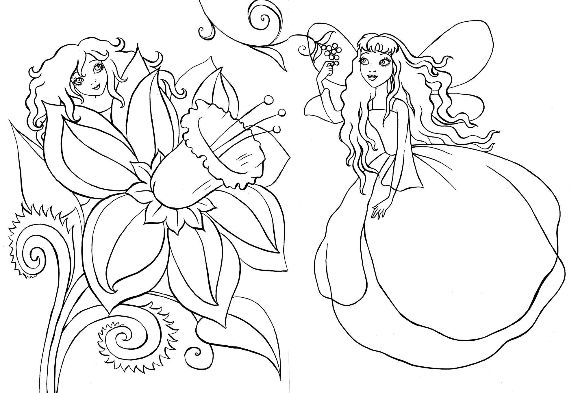 Coloring Flower fairies. Category fairies. Tags:  Fairy, forest, fairy tale.