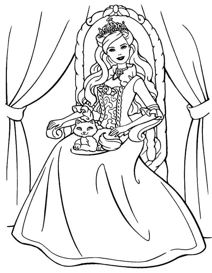 Coloring Barbie on the throne. Category Barbie . Tags:  king, Barbie, cat.