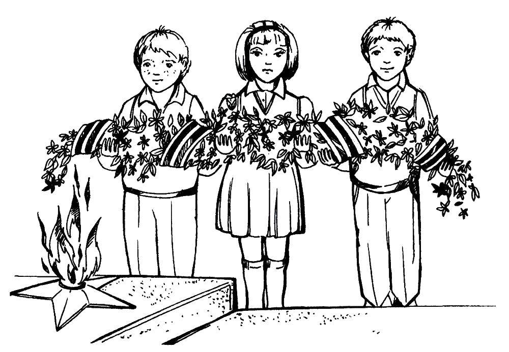 Название: Раскраска Дети принесли цветы на вечный огонь. Категория: военное. Теги: дети, цветы. вечный огонь.