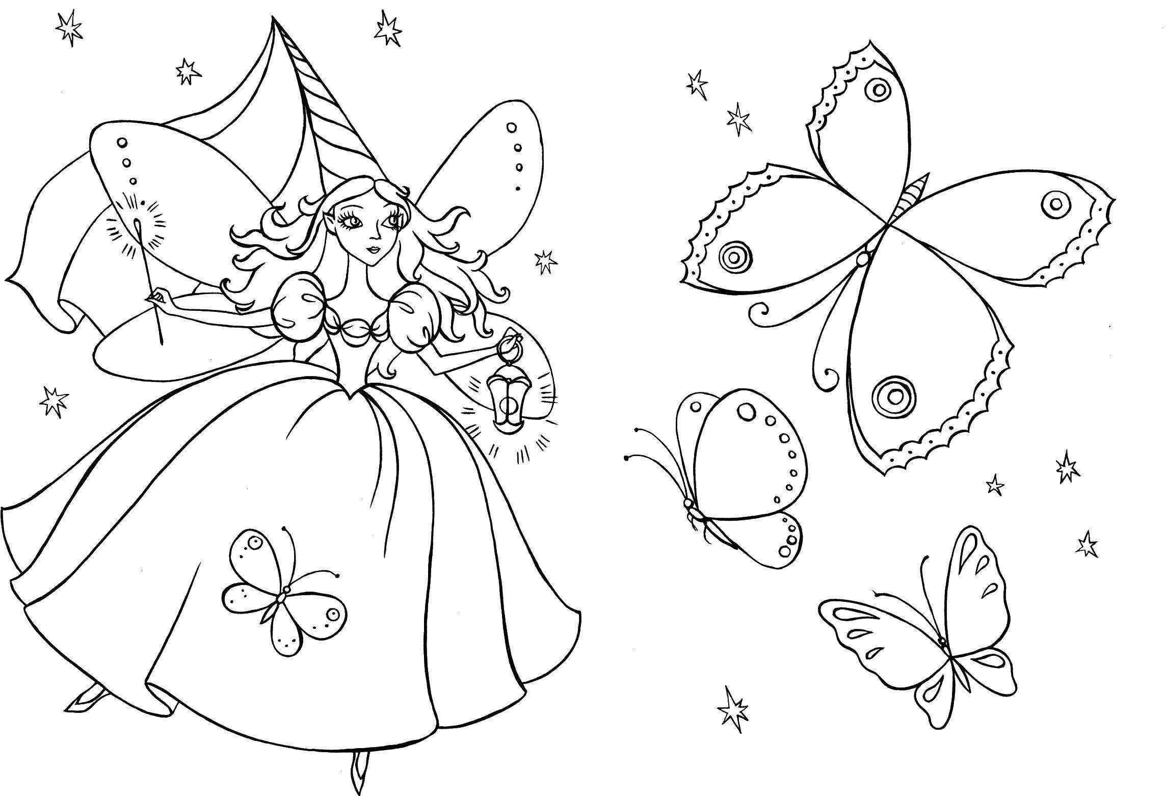 Название: Раскраска Фея и бабочки. Категория: феи. Теги: фея, бабочки.