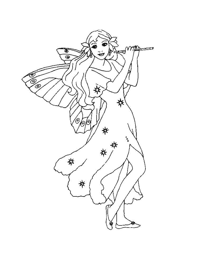 Coloring Fairy playing the flute. Category fairies. Tags:  fairy, flute.