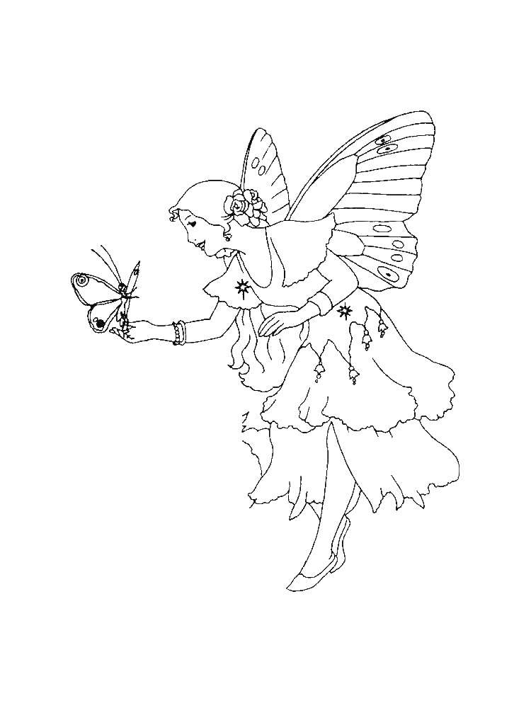Название: Раскраска Фея с бабочкой. Категория: феи. Теги: фея, бабочка.