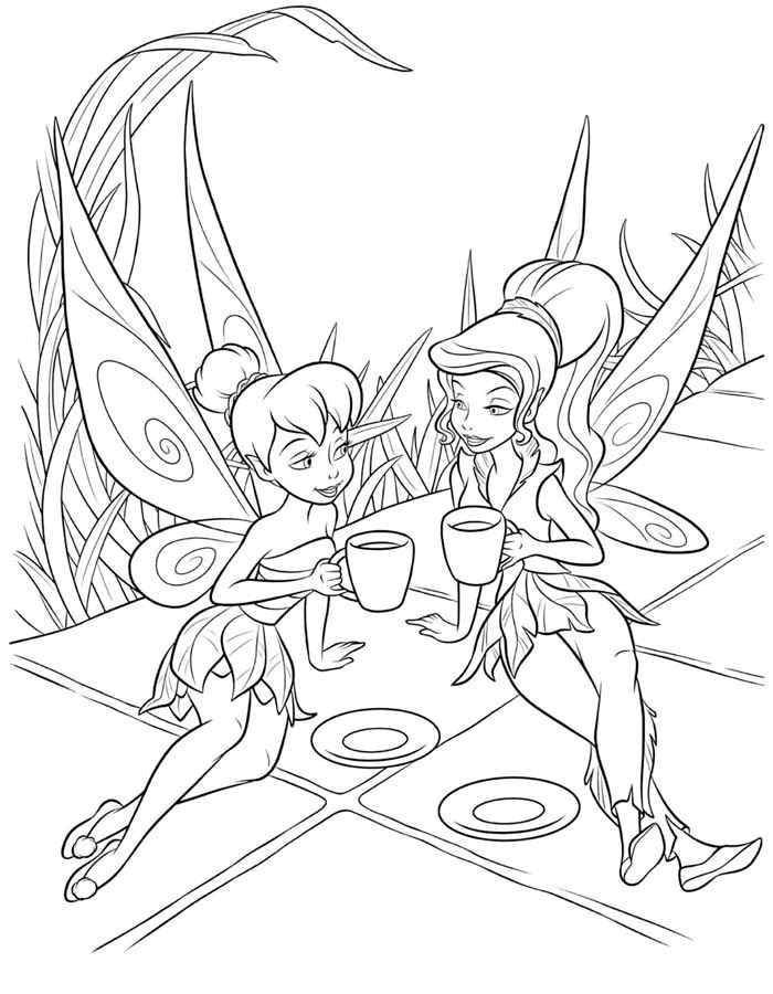 Coloring Tinker bell and fairy vidia drink tea. Category fairies. Tags:  fairy, Dindin.