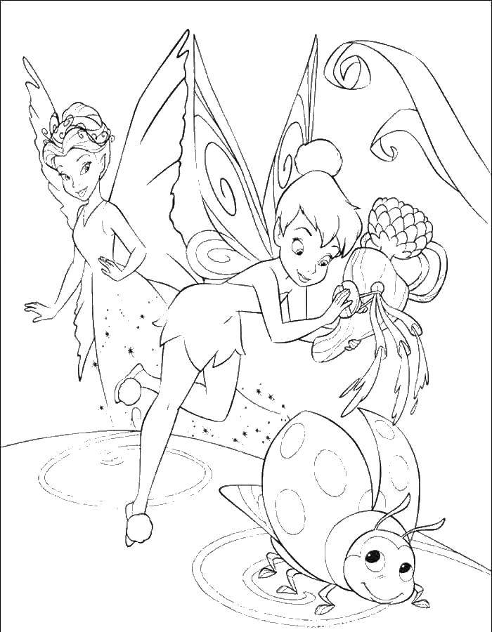 Coloring Tinker bell color a ladybug. Category Disney cartoons. Tags:  fairy, Dindin.