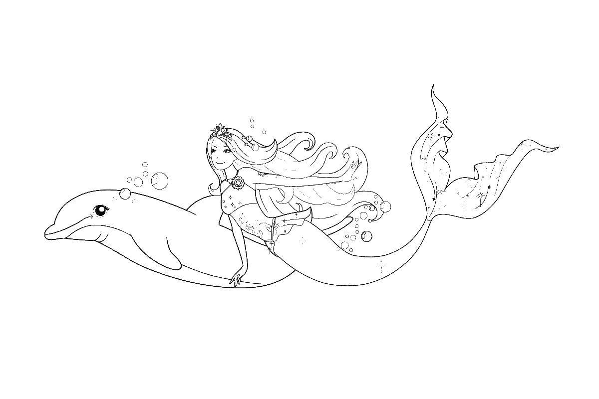 Раскраска Барби русалка с дельфином Скачать ,барби , русалка, дельфин,.  Распечатать 