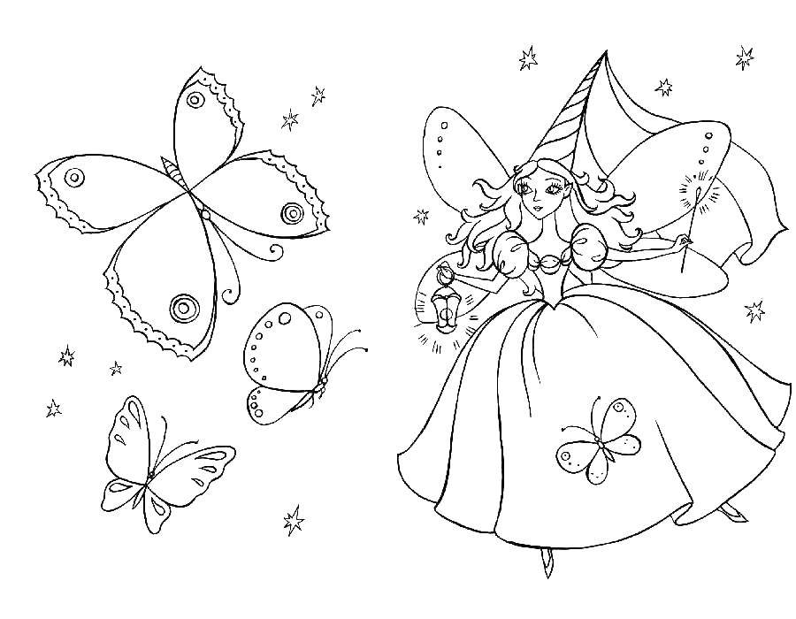 Название: Раскраска Фея и бабочки. Категория: феи. Теги: фея, бабочка.