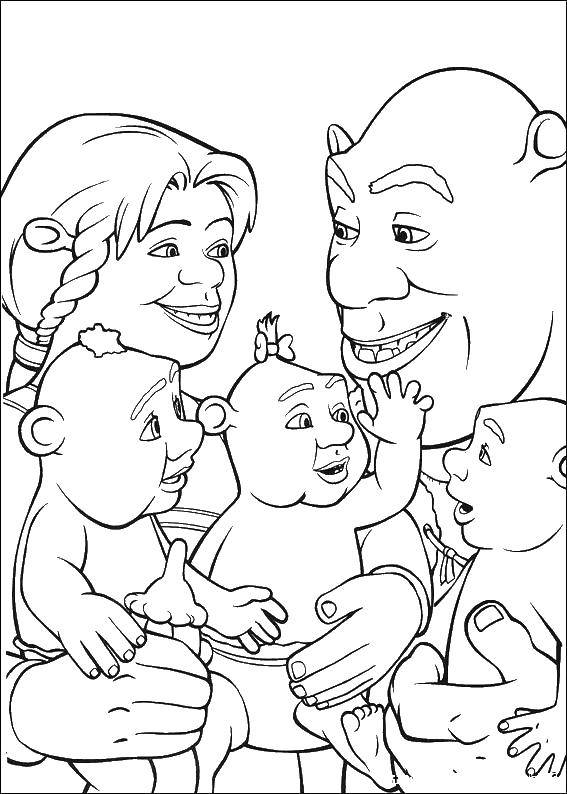 Название: Раскраска Шрек и его семья. Категория: Шрек. Теги: Шрек, Фиона, дети.