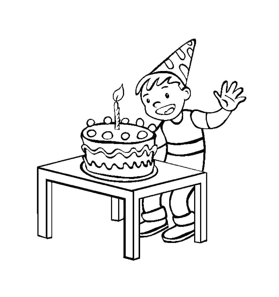 Розмальовки  Хлопчик задуває свічки на торті. Завантажити розмальовку торт, свічки, хлопчик.  Роздрукувати ,торти,