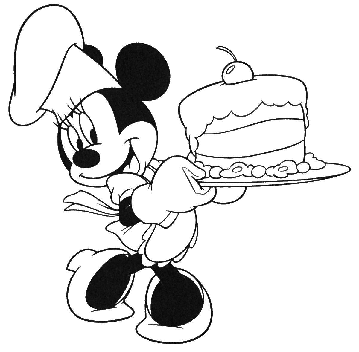 Название: Раскраска Минни с тортом. Категория: Диснеевские мультфильмы. Теги: торт.