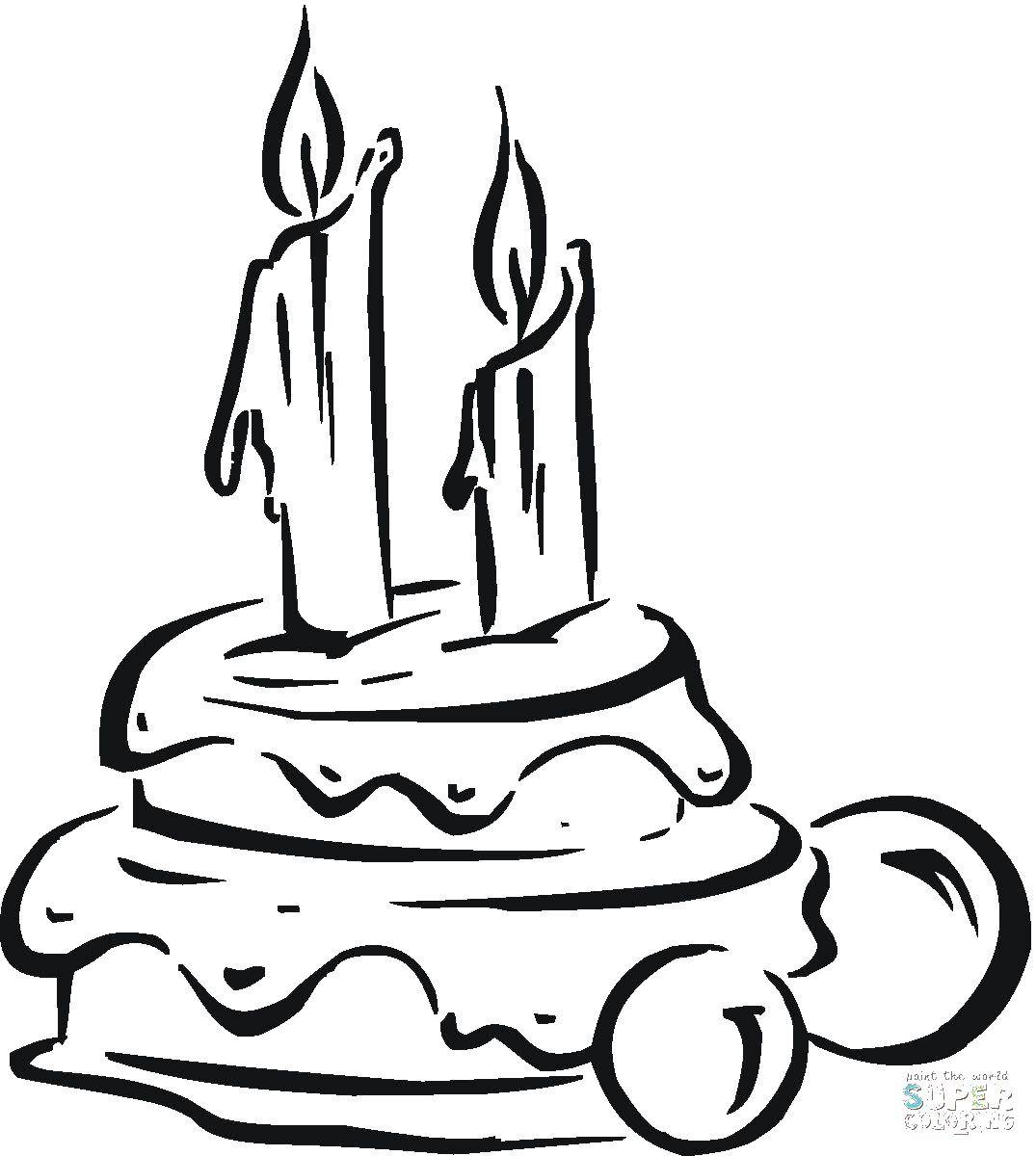 Название: Раскраска Торт с двумя свечками. Категория: торты. Теги: 2 года, торт.