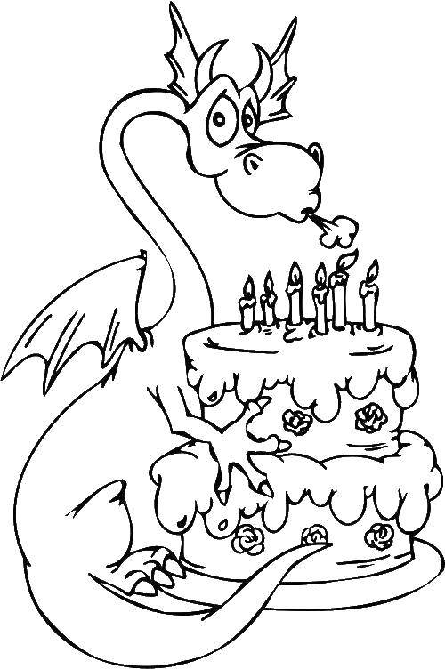 Розмальовки  Дракоша задуває свічки на торті. Завантажити розмальовку Торт, їжа, свято, дракон.  Роздрукувати ,торти,