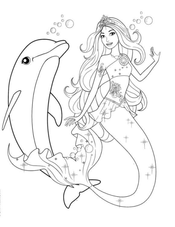 Название: Раскраска Барби русалка с дельфином. Категория: Барби. Теги: Барби, русалки, подводный мир, дельфин.
