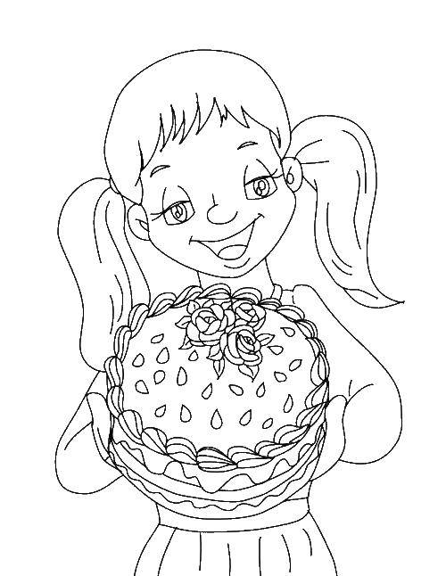 Название: Раскраска Девочка с тортом. Категория: торты. Теги: Торт, еда, праздник.