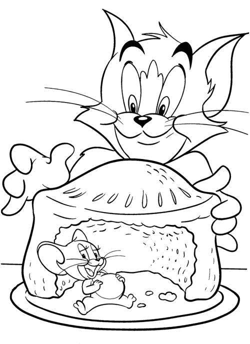 Название: Раскраска Джерри наелся торта. Категория: Персонаж из мультфильма. Теги: Дисней, Том и Джерри.