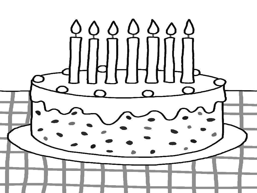 Название: Раскраска Торт на скатерти. Категория: торты. Теги: Торт, еда, праздник.
