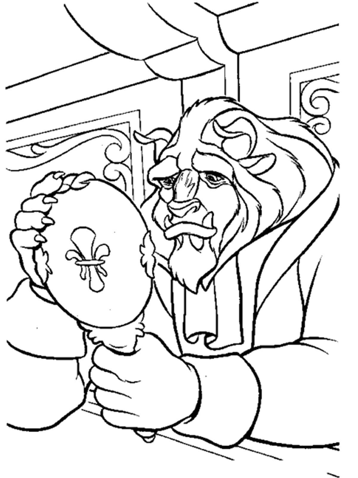 Coloring The monster looks in the mirror. Category Disney cartoons. Tags:  Disney, "beauty and the beast".