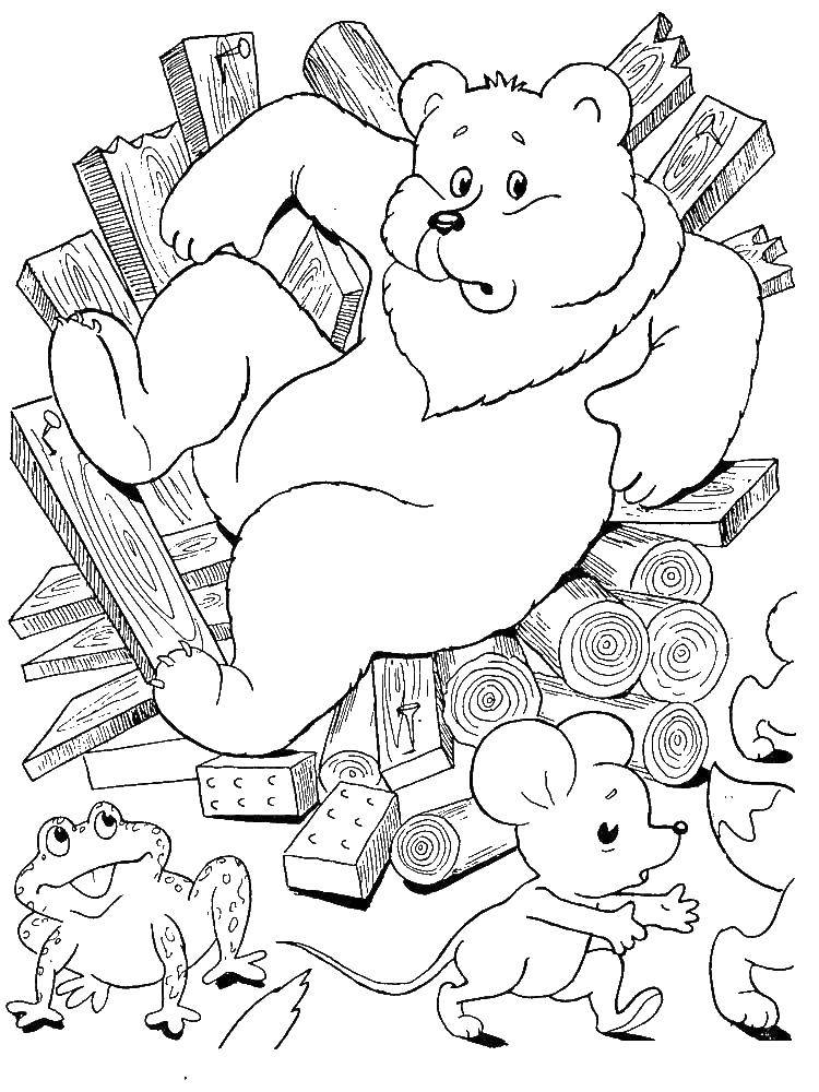 Coloring The bear broke the tower. Category tale Teremok. Tags:  the mansion, tales, bear.