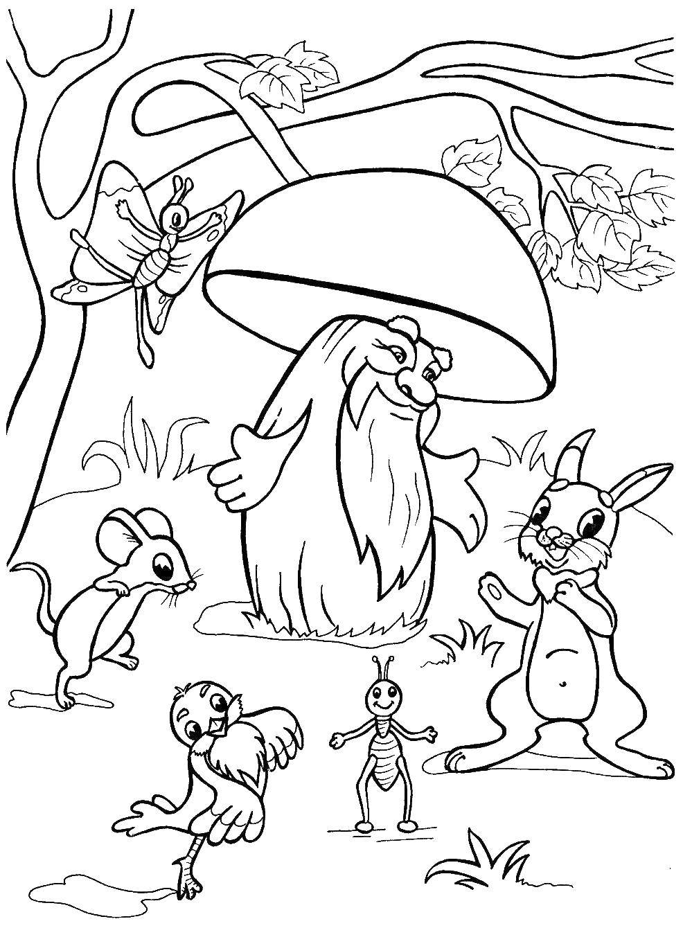 Coloring Wise fungus and animals. Category Fairy tales. Tags:  Fairy tales.