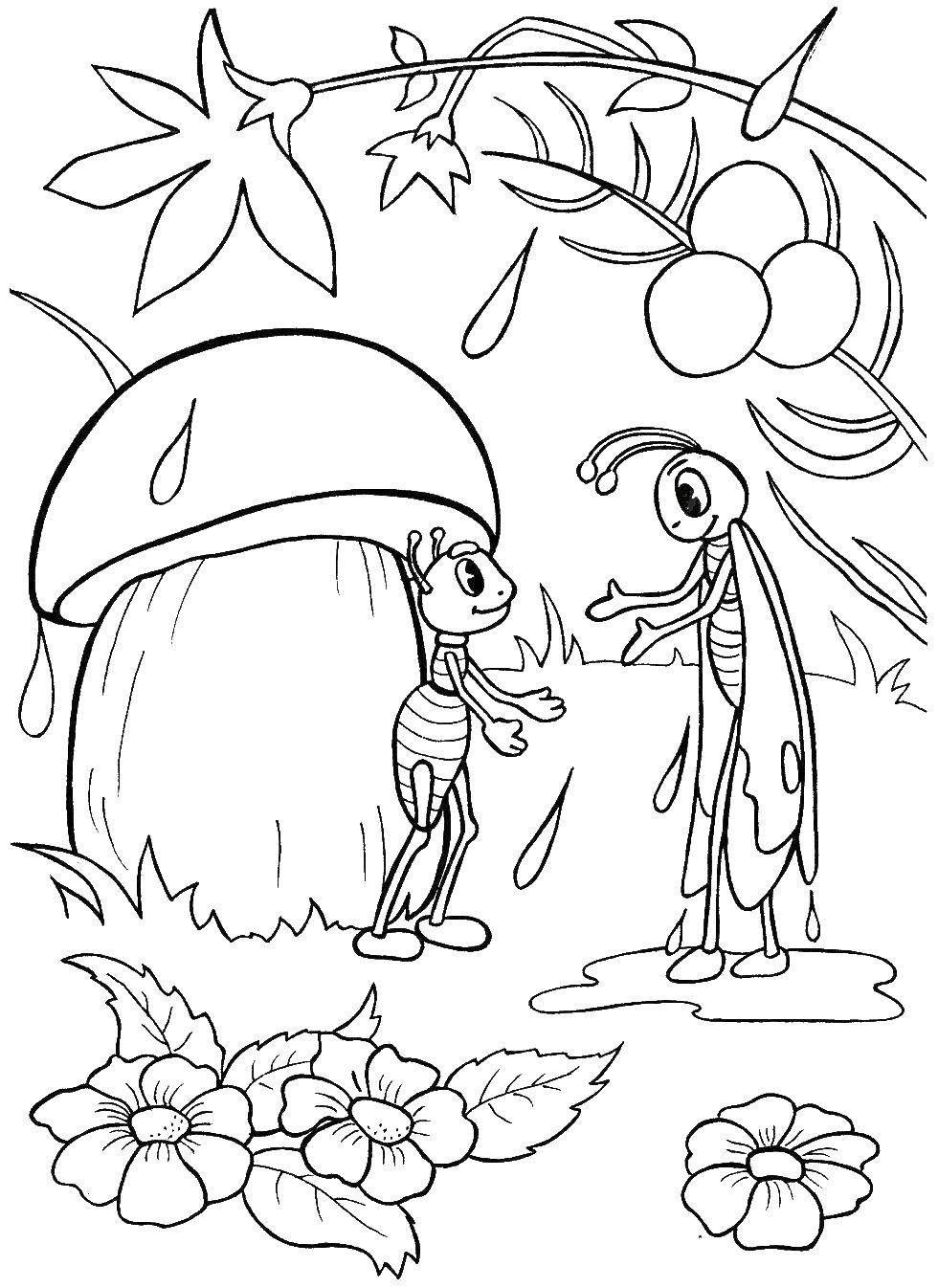 Название: Раскраска Муравьишка и кузнечик под грибом. Категория: Сказки. Теги: Сказки.