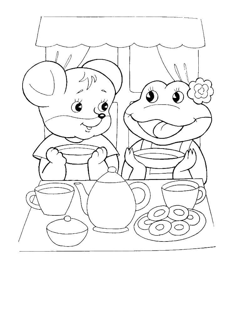 Название: Раскраска Мышонок и лягушка пьют чай. Категория: сказка теремок. Теги: теремок, сказки.