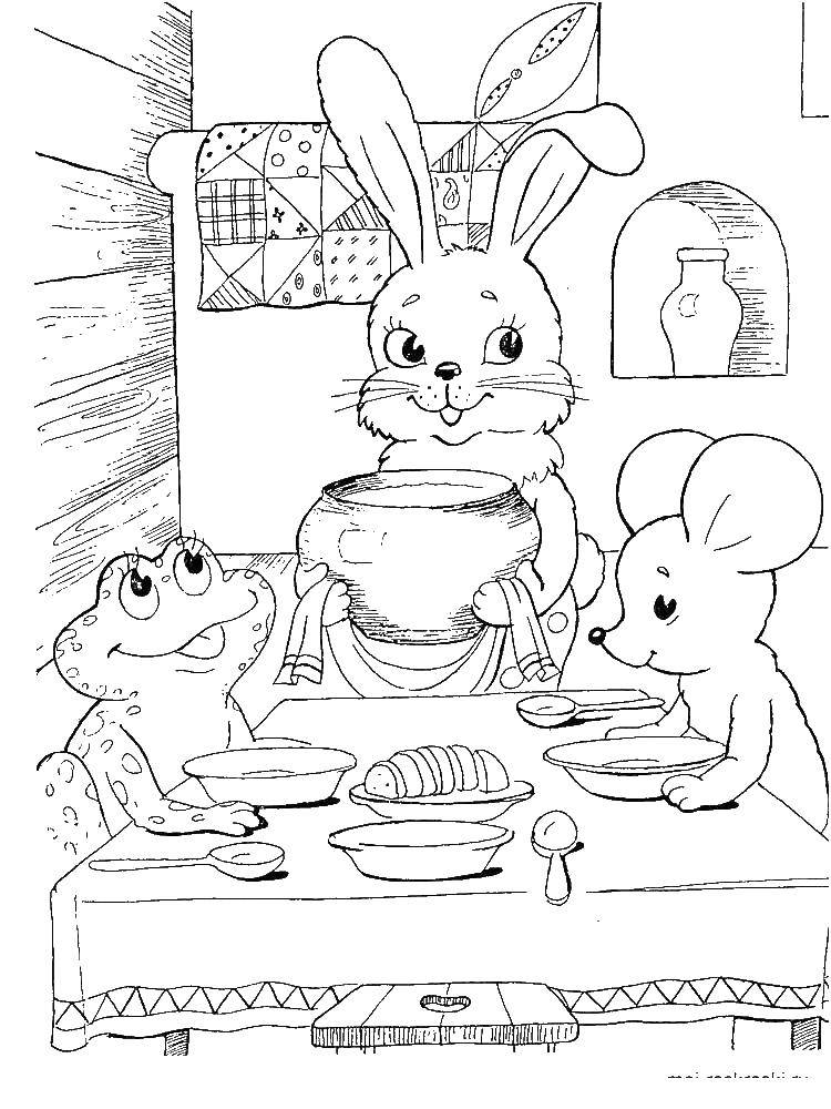 Название: Раскраска Мышонок и лягушка, зайчик кушают. Категория: сказка теремок. Теги: теремок, сказки.