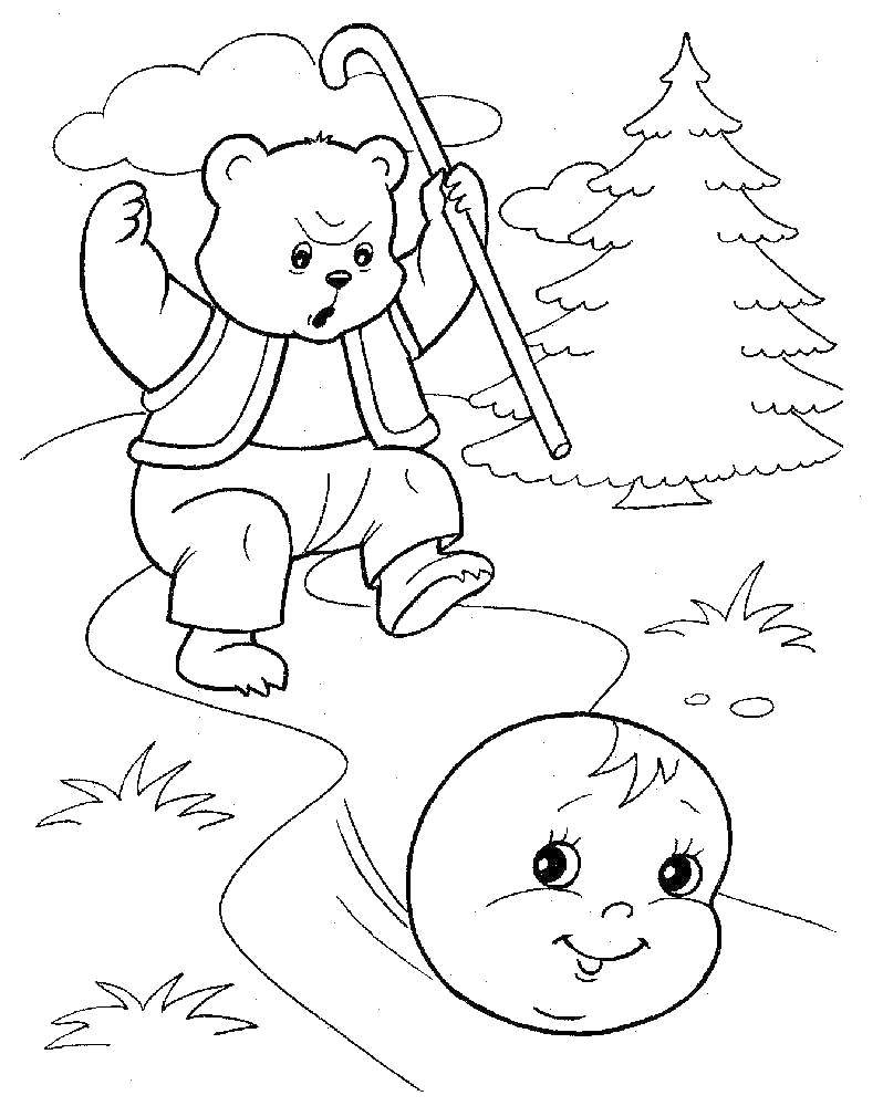 Название: Раскраска Медведь бежит за колобком. Категория: колобок. Теги: Сказки, Колобок.