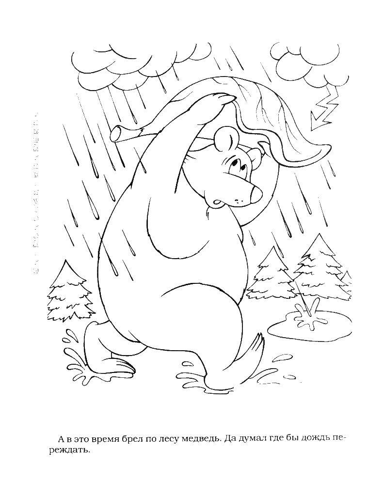 Coloring Bear walks in the rain. Category tale Teremok. Tags:  house, jug.
