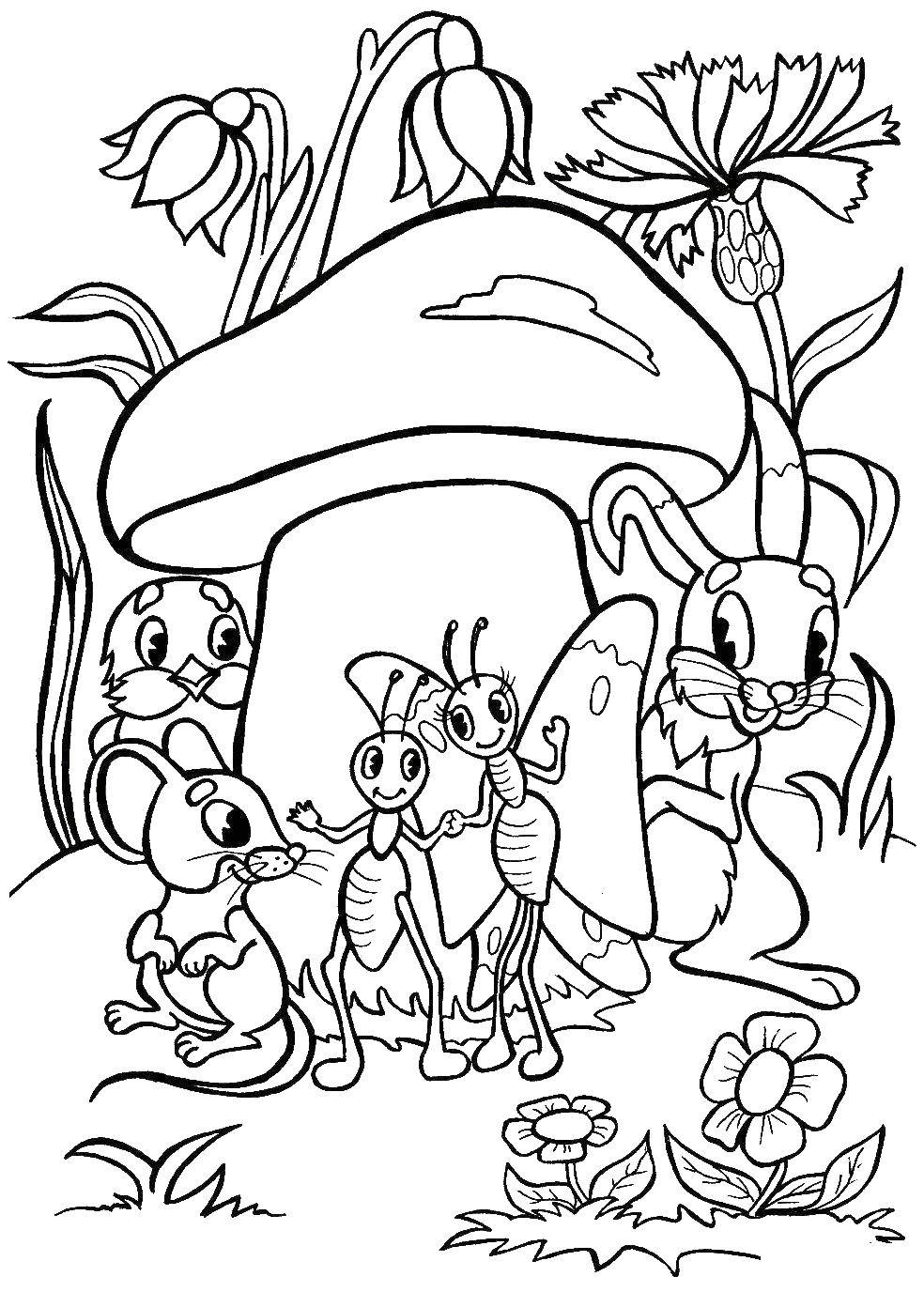 Coloring Animals hid behind the mushroom. Category tale Teremok. Tags:  Fox, hare.