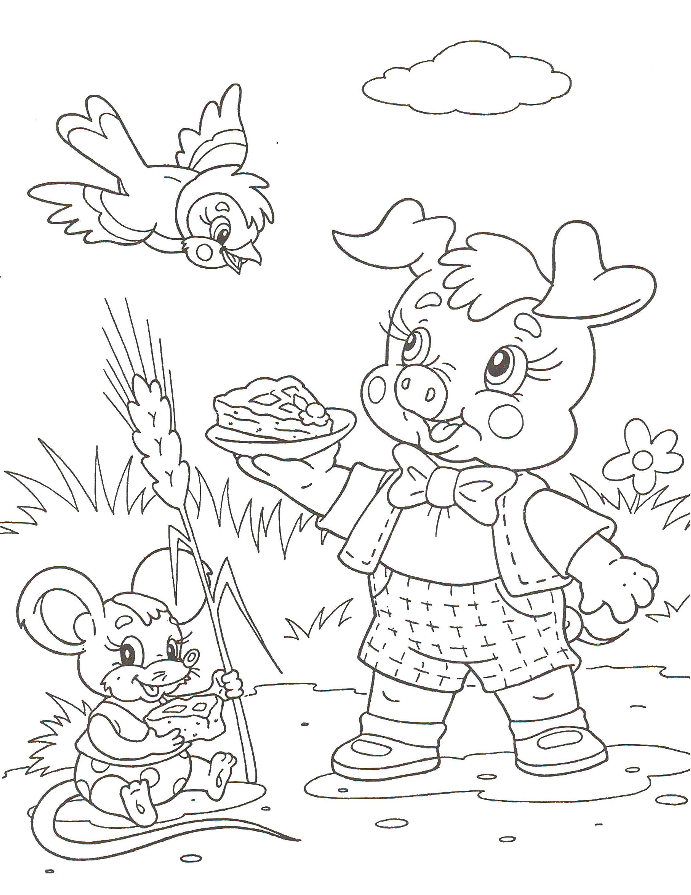 Coloring Pig wheway bird. Category Fairy tales. Tags:  pig, wolf.