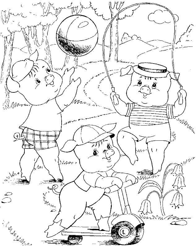 Coloring The three little pigs play together. Category baby. Tags:  Fairy tales , Three little pigs.
