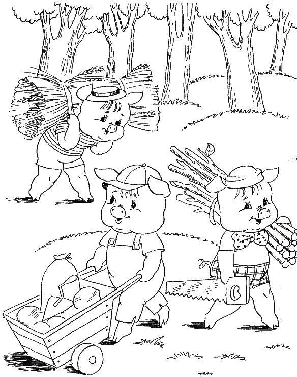 Coloring The three little pigs build houses. Category baby. Tags:  pig, wolf.
