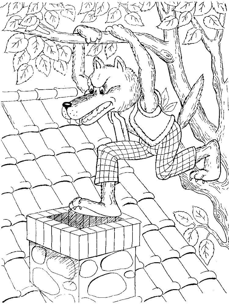 Coloring The wolf tries to enter the house to the pigs. Category baby. Tags:  Fairy tales , Three little pigs.