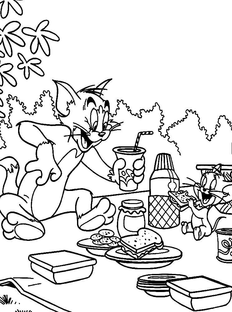 Розмальовки  Том і джеррі на пікніку. Завантажити розмальовку Персонаж з мультфільму, Том і Джеррі.  Роздрукувати ,том і джеррі,